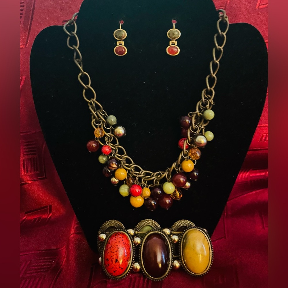 Multicolor Red, Yellow, Green Beaded Necklace with matching bracelet & earrings